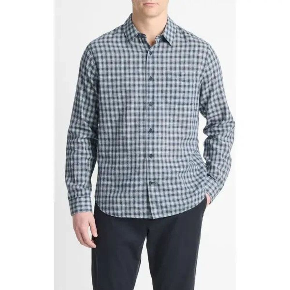 VINCE Shirt Mens Medium Blue Summit Plaid Button Up Lightweight Linen Blend $195